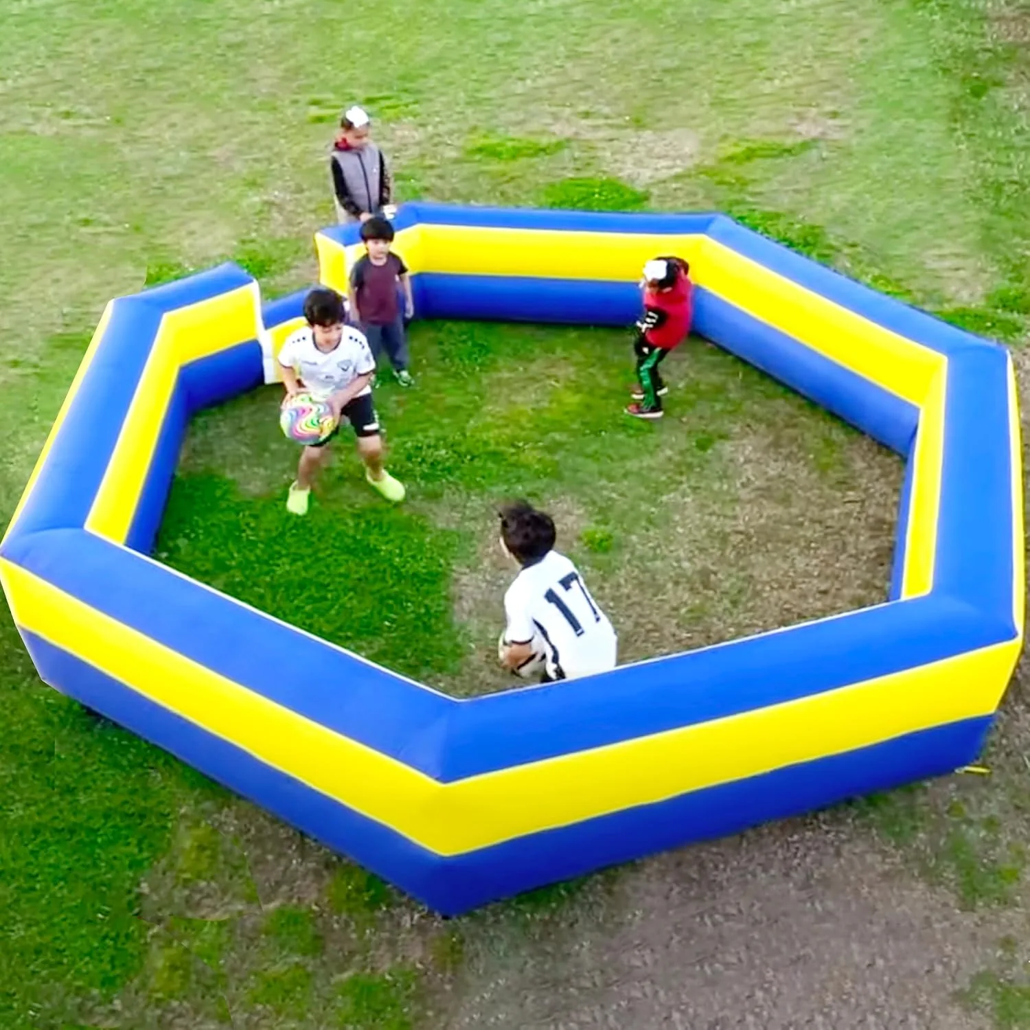 OZIS 15FT Inflatable Gaga Ball Pit with Built-in Blower, Portable Gagaball Court for Indoor/Outdoor Sports/Family Activities Easy to Setup (Blue&Yellow)